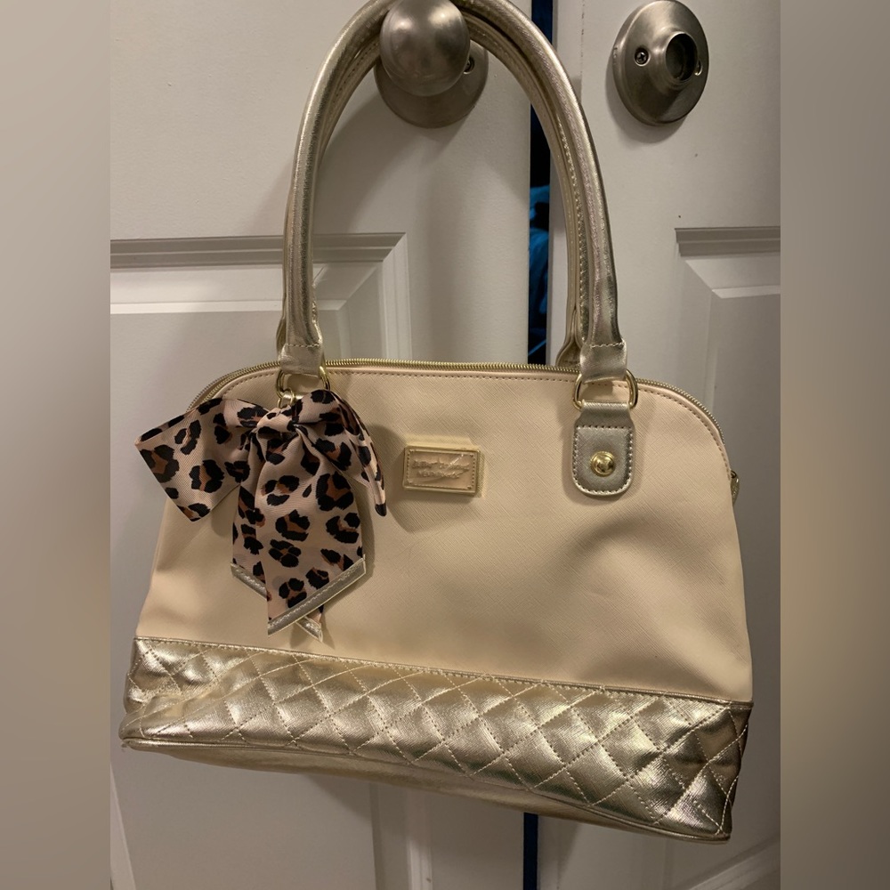 Betsey Johnson Gold over the shoulder bag purse . NWOT. Leopard print bow.
